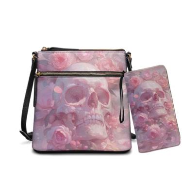 Imagem de Rchsomd Bolsa transversal grande e conjunto de carteira para mulheres, bolsa carteiro de couro PU com vários bolsos com conjunto de bolsas para compras, Roseta de caveira, One Size