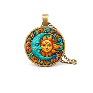 Imagem de 1 colar com pingente redondo deslumbrante - padrão exclusivo de sol e lua, mosaico de vidro estilo pintura a óleo, estrutura de liga, corrente de suéter moderno, presente moderno para mulheres