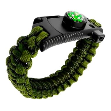 Imagem de Acessório de Pulso Tático de Sobrevivência Militar, Verde, Paracord 3m, com Bússola, Faca e Apito, 22cm x 3cm, Multifuncional para Camping e Aventura