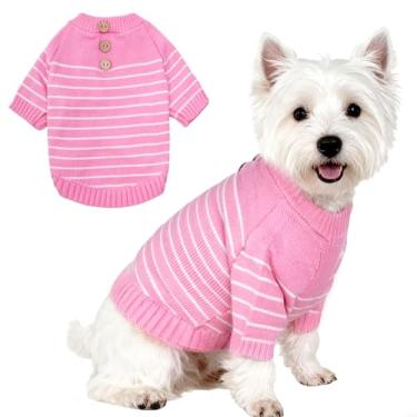 Imagem de Suéter de malha para cães com botões de madeira aconchegante para animais de estimação listrado roupas de inverno para chihuahuas cães pequenos gatos menino menina, rosa, M