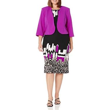 Imagem de Maya Brooke Vestido feminino plus size com estampa de borda na altura do joelho e jaqueta de manga 3/4 conjunto de 2 peças, Magenta/preto, 48