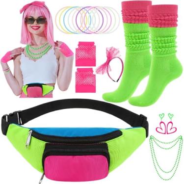 Imagem de Conjunto de acessórios de fantasia dos anos 80, pochete retrô neon faixa de cabelo luvas arrastão pulseira brinco colar meia para festa de Halloween, Colorido., One Size
