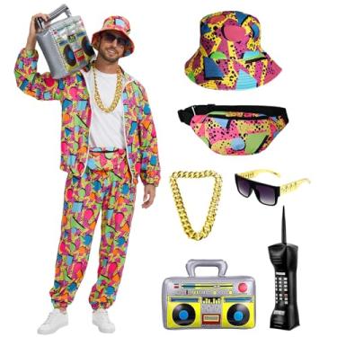 Imagem de rumnigh Traje de treino masculino dos anos 80, 90, conjunto de roupa de hip hop, traje de treino vintage para festas discotecas temáticas (vermelho, 3GG)