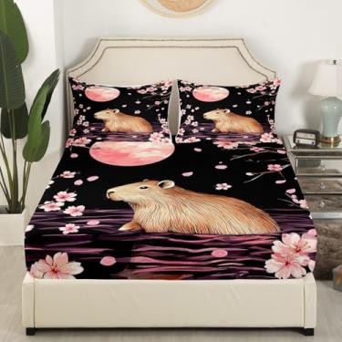 Imagem de Feelyou Jogo de cama casal, capivara japonesa, flor de cerejeira, lua floral, sakura, rosa, decoração de quarto de meninas, lençol com elástico alto, sem lençol de cima