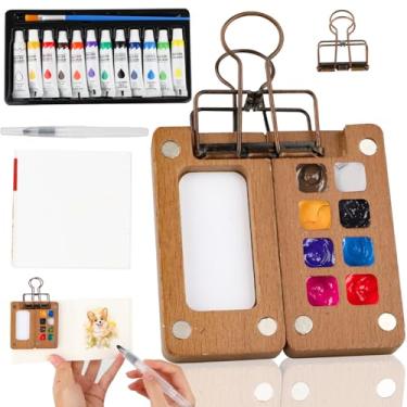 Imagem de TLYITU Mini kit de viagem de paleta de tinta – conjunto de tinta aquarela portátil com paleta de madeira, clipe de metal, pincel e caderno de esboços – Kit compacto de paleta de aquarela de viagem