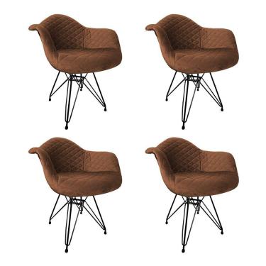Imagem de Kit 4 Poltronas Jantar Estofadas Caramelo Base Ferro Preto Amarelo