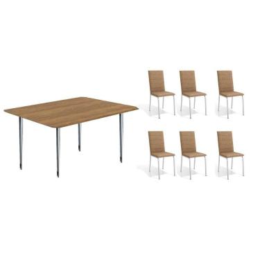 Imagem de Conjunto: Mesa Sala Jantar Iguaçu C- Tampo De Madeira 1.60cm + 6 Cadeiras Amsterdã Cromada-capuccino - Kappesberg