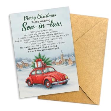 Imagem de Cartão Merry Christmas to My Amazing Son-in-Law – Saudação de férias sincera com carro vermelho e cena de vila de inverno, cartão de Natal sentimental dos sogros com envelope individual 14 x 20 cm com