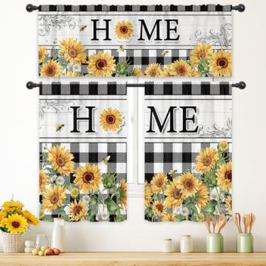 Imagem de Cinbloo Cortinas e sanefas de cozinha de girassol rústico, conjunto de 3 peças, bolso para varão, casa de fazenda, flor, búfalo, xadrez, floral, arte botânica, impressa, campo, sala de estar, quarto