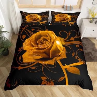 Imagem de Conjunto de cama com flores de rosa, capa de edredom com arte de flores amarelas para crianças, adolescentes, capa de edredom de arte retrô, decoração de quarto, capa de colcha de flores abstratas com
