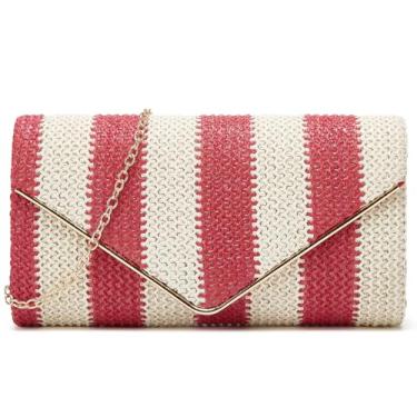 Imagem de Keridean Bolsa de mão feminina de palha de tecido de verão com corrente listrada envelope transversal ombro boho praia festa noite bolsa, rosa