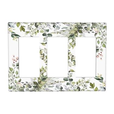 Imagem de DWBGUO Capas de tomada decorativas com folhas verdes de eucalipto, design de folha de oliveira, placa de parede de 3 grupos, capa de interruptor de luz tripla para interruptor de luz GFCI placa