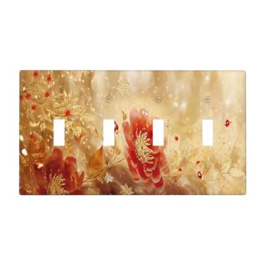 Imagem de LuHuoLu Placa decorativa para interruptor de luz, folha dourada, flores de peônia vermelha, floral, 4 grupos, placa de parede grande para interruptor quádruplo placa frontal jumbo para decoração de