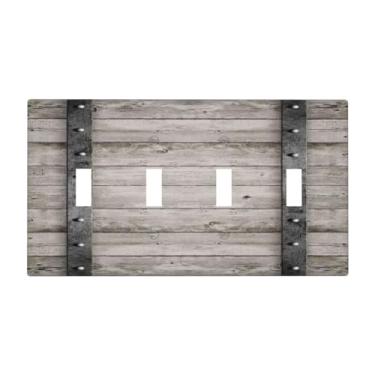 Imagem de DWBGUO Capa decorativa de placa de interruptor com barril de madeira de carvalho cinza vintage com design de faixas de ferro, placa de parede artística de 4 grupos, capas exclusivas para interruptor