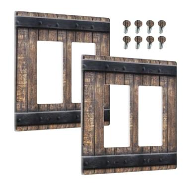 Imagem de Wmhusu Capas de tomada rústica para porta de celeiro vintage placa de madeira country 2 gangues capa de interruptor de luz dupla placa decorativa GFCI receptáculo elétrico para decoração de cabana de