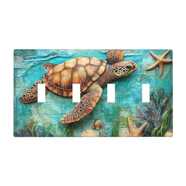 Imagem de JDAKHD Placa decorativa para interruptor de luz com tema de tartaruga marítima náutica, quadriciclo, mapa vintage, praia, 4 turmas, placa elétrica para decoração de quarto de banheiro