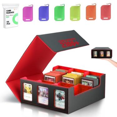 Imagem de Card Storage Box for Trading Cards, 2100+ Deck Box with 50 Card Sleeves, 6 Colorful Dividers & Display Window, Magnetic Closure Commander Deck Case for MTG/TCG/YuGiOh and Sport Cards (Black Red)