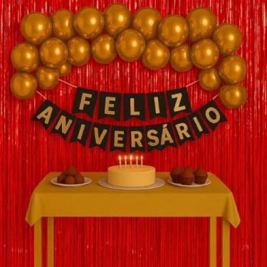 Imagem de Kit Feliz Aniversário Completo com Balões Metalizados Faixa e Cortina – Decoração para Festa Infantil e Adulto (Vermelho e Dourado)