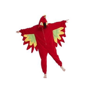 Imagem de XYQRZPTLB Fantasia de papagaio adulto macacão de pássaro unissex Halloween Natal cosplay, pijama de animal engraçado para mulheres, homens e adolescentes, vermelho GG