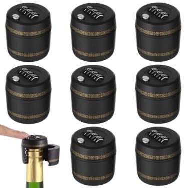 Imagem de 8 peças de fechaduras de combinação de garrafa de vinho, rolhas de cortiça de plástico reutilizáveis, tampas de segurança para garrafas de uísque e bebidas alcoólicas