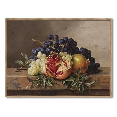 Imagem de AIMAILON Arte de parede em tela emoldurada vintage decoração de casa clássica para cozinha sala de estar outono colheita frutas arte rústica quente romã uvas imagem 12x16