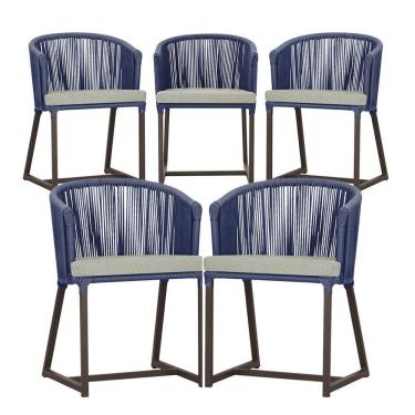 Imagem de 5 Cadeiras De Jantar Noronha Marrom Corda Náutica E3 Trama Azul