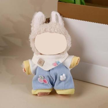 Imagem de Compatível com Labubu (sem boneca) – Conjunto azul-amarelo pastel doce (Xale de malha + calça de veludo cotelê com detalhe cereja e Mickey + blusa), roupa de boneca de 15 cm/17 cm (azul-amarelo)