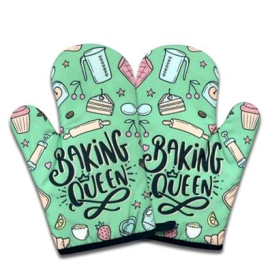 Imagem de NAHMAKNE Pacote com 2 luvas de forno engraçadas para mulheres, Baking Queen, luvas antiderrapantes de silicone resistente ao calor, presentes de decoração de cozinha para amantes de cozimento