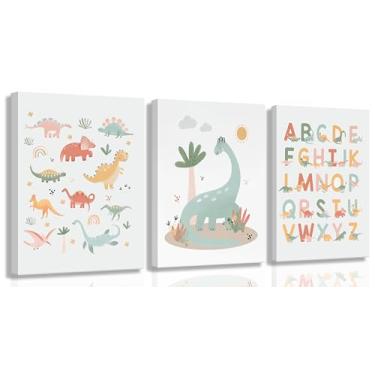 Imagem de Arte de parede em tela de dinossauro infantil para sala de jogos ABC, pintura do alfabeto, decoração de parede, pôster de berçário engraçado, arte impressa para quarto de crianças, quarto de menino