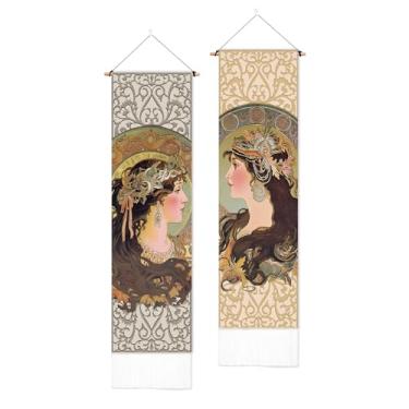 Imagem de PLIGREAT Pacote com 2 tapeçarias de parede estilo mucha retrô moldura avatar pendurar na parede com borlas tapeçaria vertical estética decorativa para quarto, sala de estar, decoração de casa, 132 x