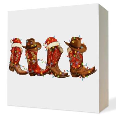 Imagem de ATBWGT Sinal de caixa de madeira de Natal caubói ocidental, decoração de Natal ocidental, botas de cowboy retrô de Natal com placas de bloco de madeira para decoração de prateleira de mesa de
