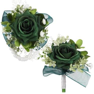 Imagem de Conjunto de corpete e flor na lapela para casamento, flores de rosas artificiais verde-escuras, pulseira de pérola, acessório de terno de decoração de flores de tecido para festa de formatura, festa