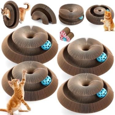 Imagem de Soulchen 4 peças de tábua de arranhar órgão mágico em forma de coração, brinquedo combinável para gatos, arranhador interativo de papelão com bola de sino, almofada sanfonada dobrável durável