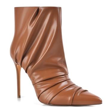 Imagem de JANSEVEN Botas de cano curto femininas de salto alto com franzido moderno bota sexy bico fino stiletto salto alto botas confortáveis botas curtas de puxar bota social 10 cm, Marrom, 40