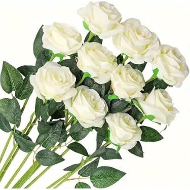 Imagem de 12 Rosas Artificial Branca Aveludada Individual Decoração Arranjo Flor - Buquê de Flores Artificiais para Casamentos, Decoração de Luxo e Presentes Elegantes - Beleza Eterna e Sofisticada