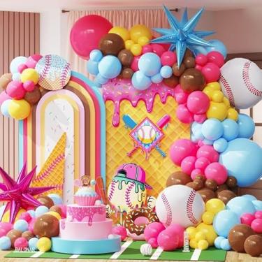 Imagem de Decorações de festa de aniversário de beisebol sorvete, 140 peças, arco de balão de beisebol com rosa choque, azul claro, amarelo, balões de látex explosivos, balão de folha de estrela explosiva para