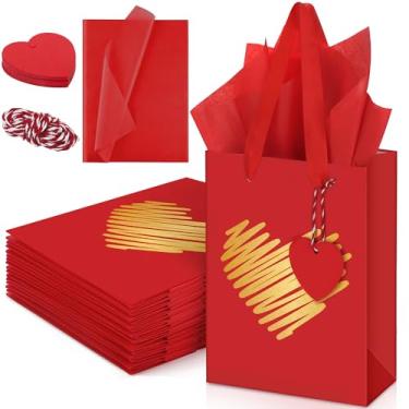 Imagem de MIMIND Pacote com 24 sacos de presente de dia dos namorados com alças folha dourada coração vermelho sacos de presente com papel de seda e cartões de coração, saco de embrulho reutilizável para Dia