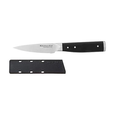 Imagem de KitchenAid Faca de cozinha gourmet forjada com rebite triplo com capa de lâmina de ajuste personalizado, 8,9 cm, faca de cozinha afiada, lâmina de aço inoxidável japonesa de alto carbono, preta