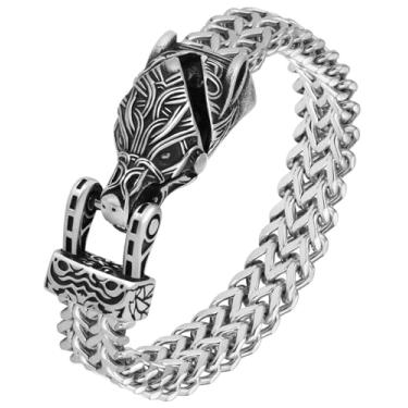 Imagem de LuxGoth Pulseira de corrente de elos cubanos pesados de aço inoxidável cabeça de lobo gótico punk rock motociclista vintage nórdico viking lobo franco, joia para homens prata GTS-B1B45034