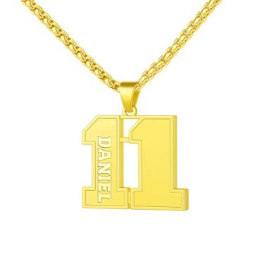 Imagem de Ldurian Colar com nome de número personalizado, pingente de corrente de número esportivo para homens, colares de nome de atletas personalizados 00-99 preto presente de aço inoxidável para homens