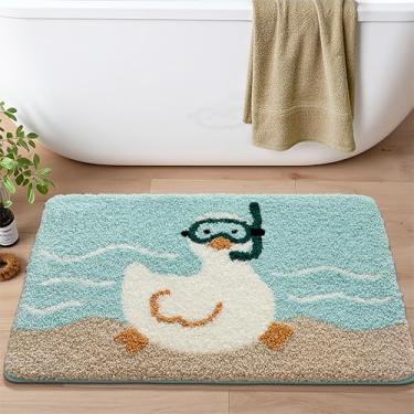 Imagem de Tapete de banheiro fofo, tapete de chuveiro de microfibra de pato de mergulho azul engraçado, tapete de banho lavável na máquina de secagem rápida, tapete de decoração de banheiro para entrada de