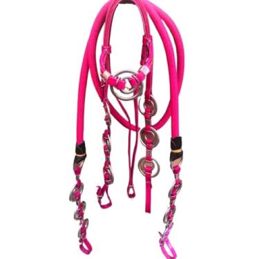 Imagem de Cabeçada Argolas Duplas Rédea Grossa Couro Legitimo Cavalo Muladeiro Muares (ROSA)