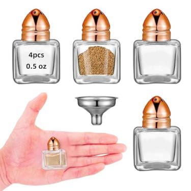 Imagem de 4 peças de saleiro e pimenteiro pequenos em forma de cubo de 14,2 g com tampo de tom, mini potes de tempero de vidro transparente, saleiro de especiarias com funil para festa de casamento, restaurante