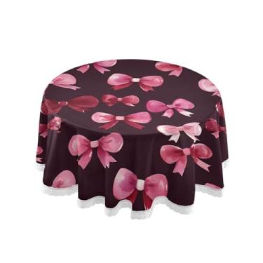 Imagem de SEHANY Toalha de mesa redonda com laço rosa de 152 cm, tecido lavável sem rugas, toalha de mesa decorativa de renda para restaurante, casamento, acampamento, festa de cinco de maio