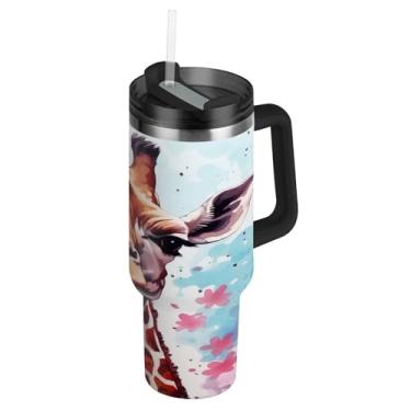 Imagem de Blueangle Copo de pintura de girafa de 1,134 g com alça e tampa de palha, caneca de viagem de aço inoxidável com isolamento a vácuo de parede dupla, garrafa de água reutilizável para academia de