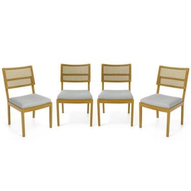 Imagem de Kit Com 4 Cadeiras Milena Madeira Maciça Assentos Estofados Encostos De Tela Palha Sextavada Linho Cinza 407