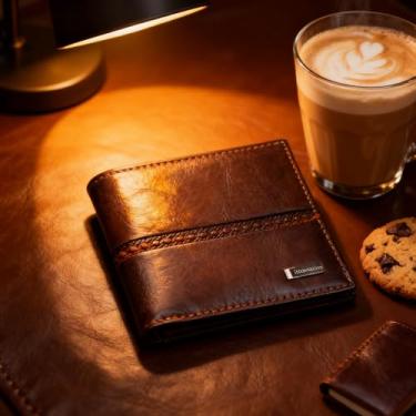 Imagem de Carteira masculina de poliuretano com 4 compartimentos para cartão, 1 janela para identidade, 2 compartimentos para dinheiro, 1 bolso com zíper, carteira dobrável, Marrom, Casual