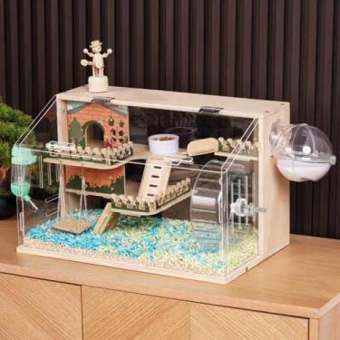 Imagem de Gaiola de hamster de madeira 11 em 1 com todos os acessórios, gaiola de hamster anão de 3 camadas de 49 cm, acrílico, gaiolas de animais pequenos, gaiola de mouse estilo pastoral para ratos, ouriços e