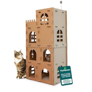 Imagem de Furhaven Condomínio para gatos de papelão multinível com erva-dos-gatos para ambientes internos, pés e brinquedos - Esconderijo ondulado arranhador de gatos com torre de castelo alto - marrom papelão,