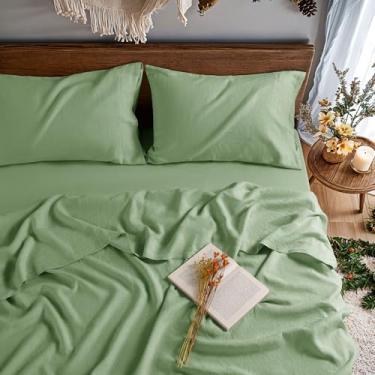 Imagem de REDASW Jogo de cama casal 100% linho França 4 peças com bolso profundo 40,6 cm lençol com elástico respirável luxuoso macio todas as estações (verde, casal)